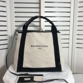 Balenciaga Medium Navy Cabas Canvas In Beige